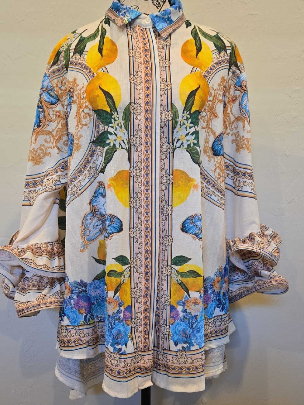 Italian Lemons & Blue Butterfly Floral Button-Front Tunic Beachy Hilo Tunic